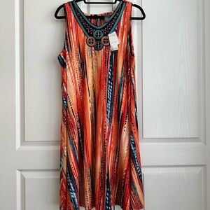 Chelsea & Theodore Vibrant Orange and Blue Midi Dress NWT sz XL